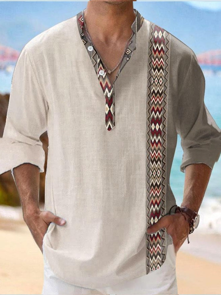 Thin Casual Digital Bamboo Linen Hawaiian Long Sleeve Shirt