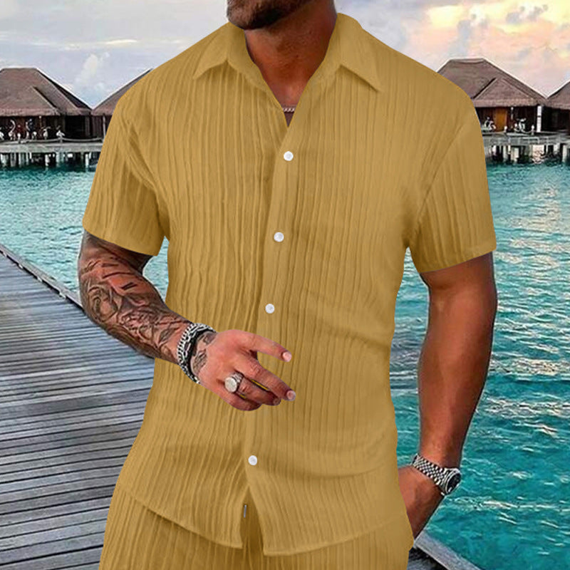 Polo Collar Solid Color Short Sleeve Button Men's Casual Loose Short Sleeves Shirt