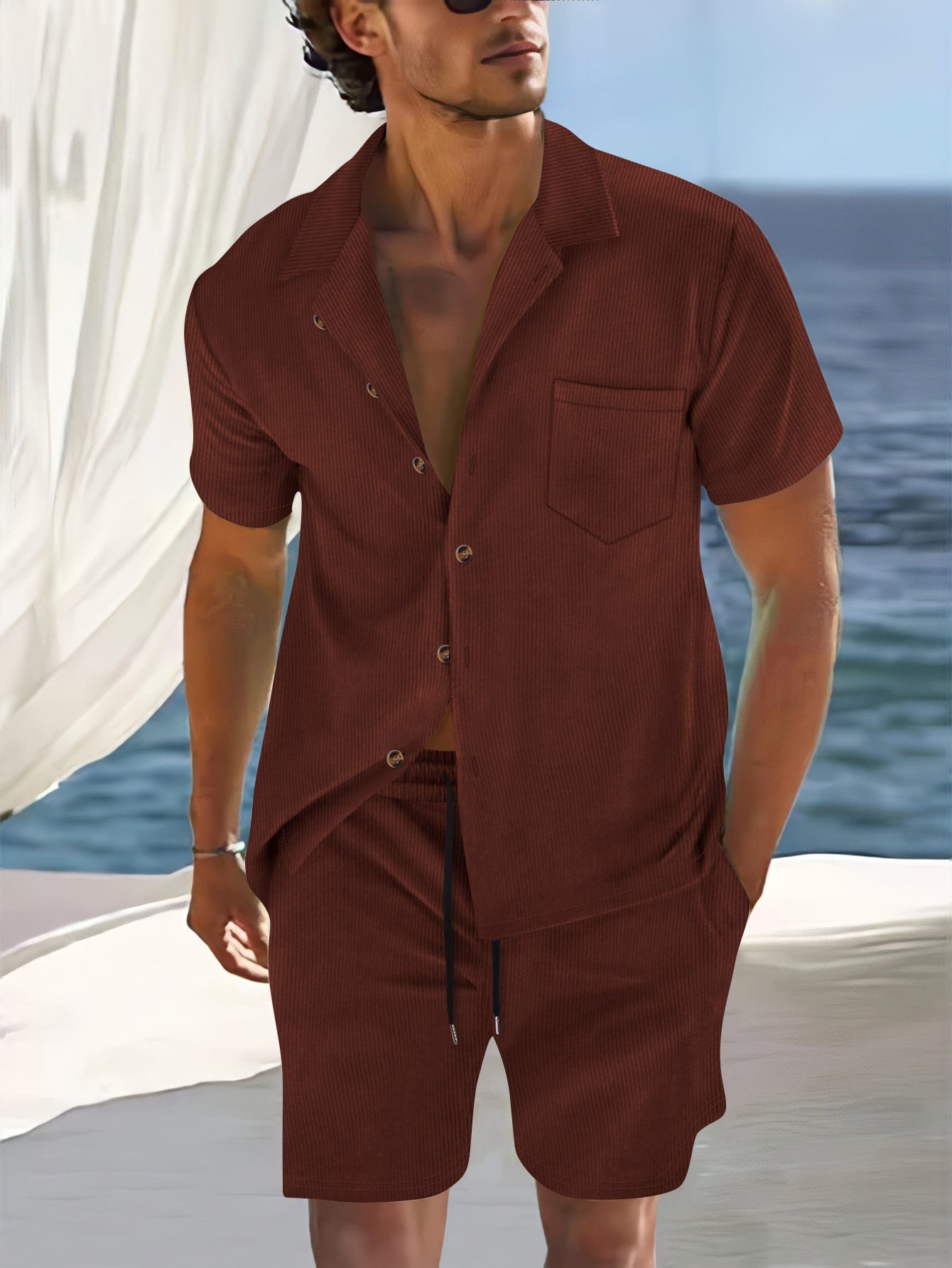 Men's Europe And America Cross Border Polyester Short Sleeve Cuban Collar Shirt Summer Suit