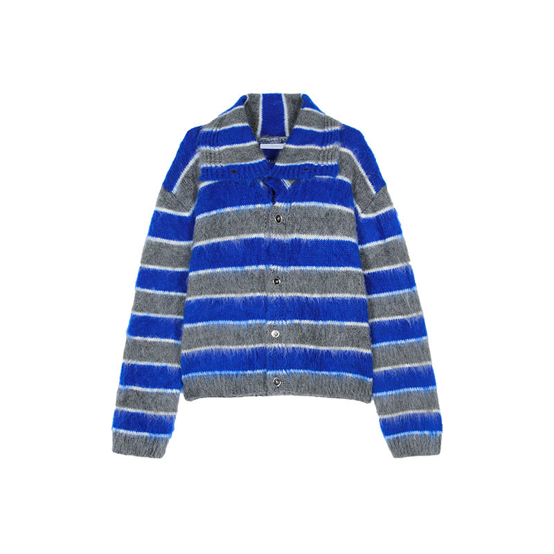 Mens Loose Fitting Clashing Striped Lapel Mohair Knitted Jumper