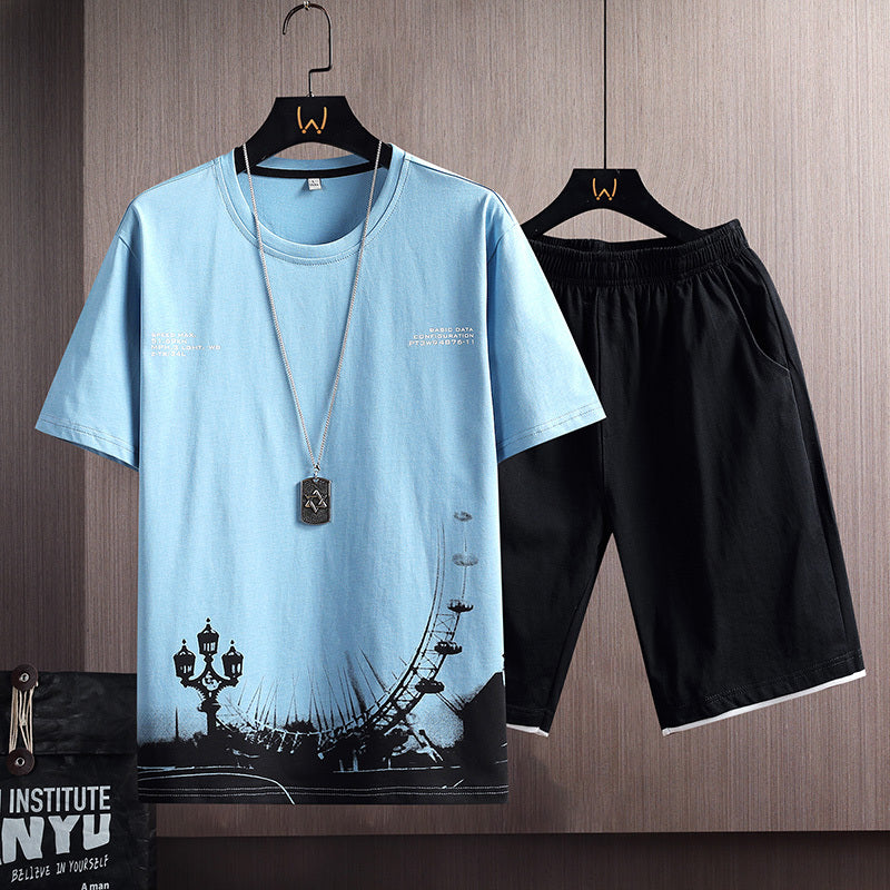 New Cotton Men's Casual Sports Loose Shorts Round Neck T-shirt Suit