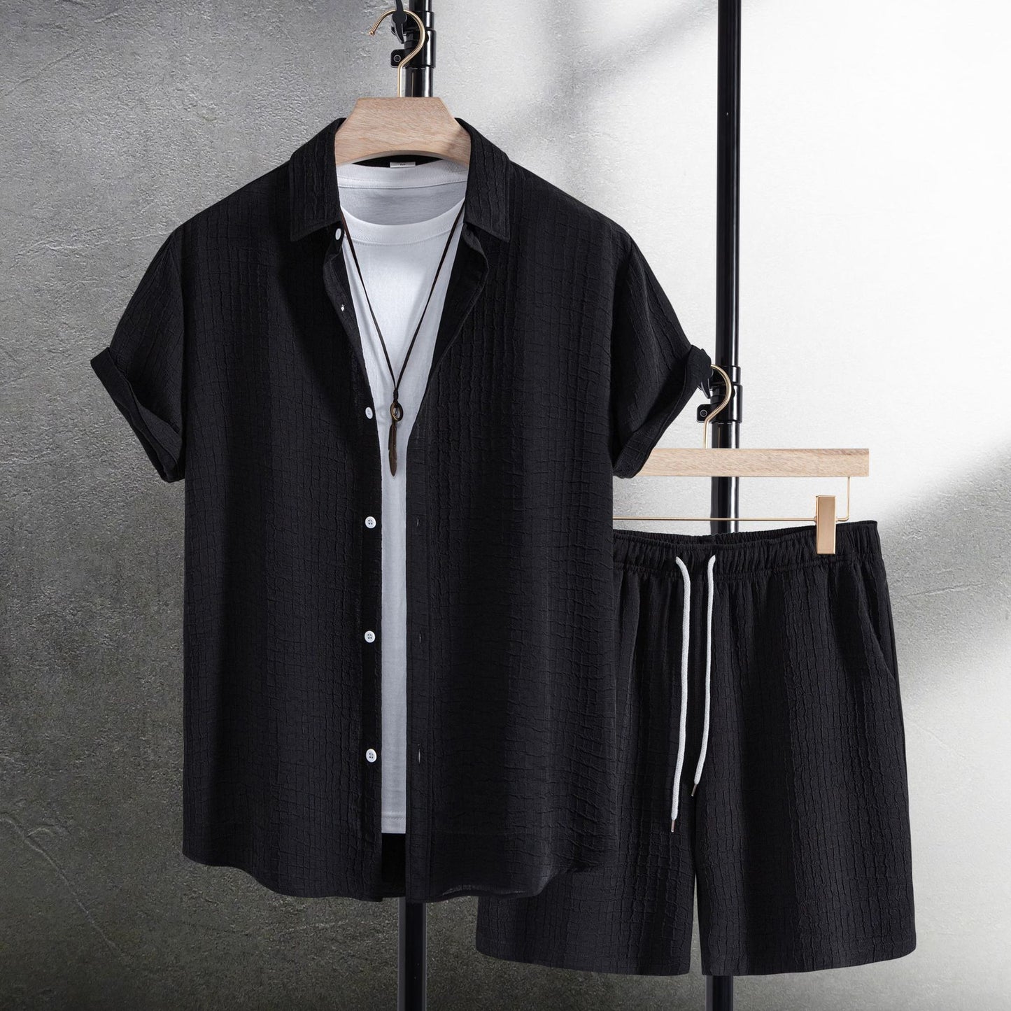 Men's Casual Fashion Jacquard Short Sleeve Shirt Shorts Suit