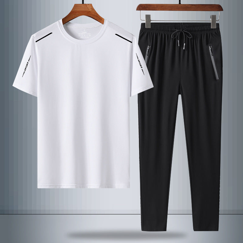 Summer Men's Ice Silk Quick-drying T-shirt And Trousers Two-piece Suit