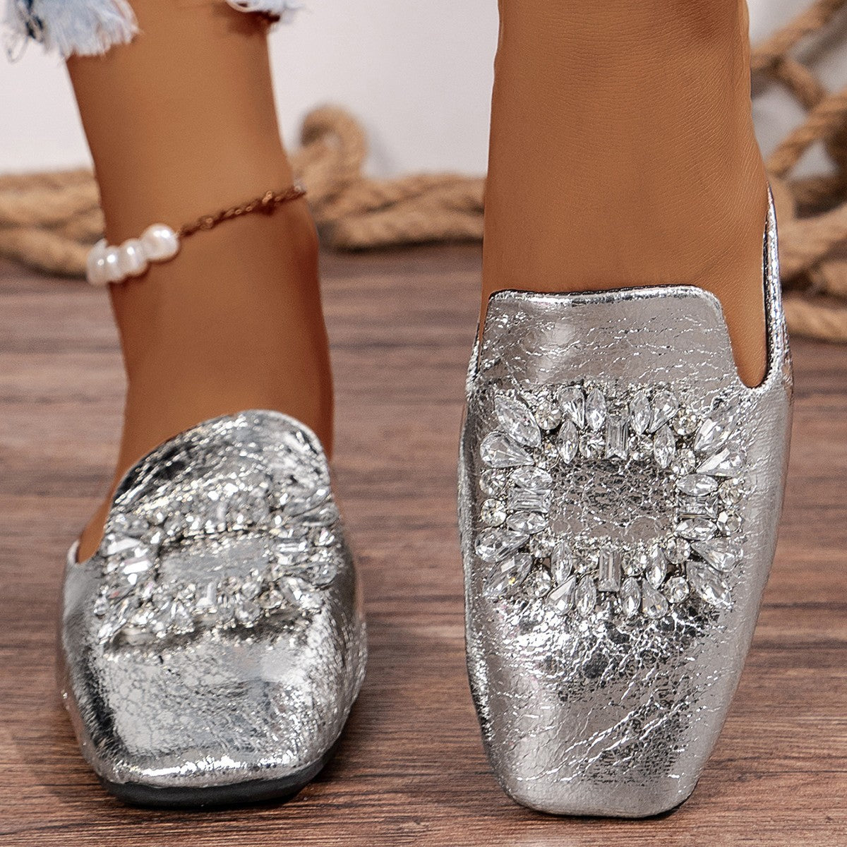 With Skirt Flat Heel Silver Square Toe Rhinestone Semi Slippers