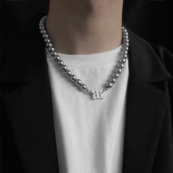 Mens Fashionable And Versatile Gray Pearl Letter Necklace
