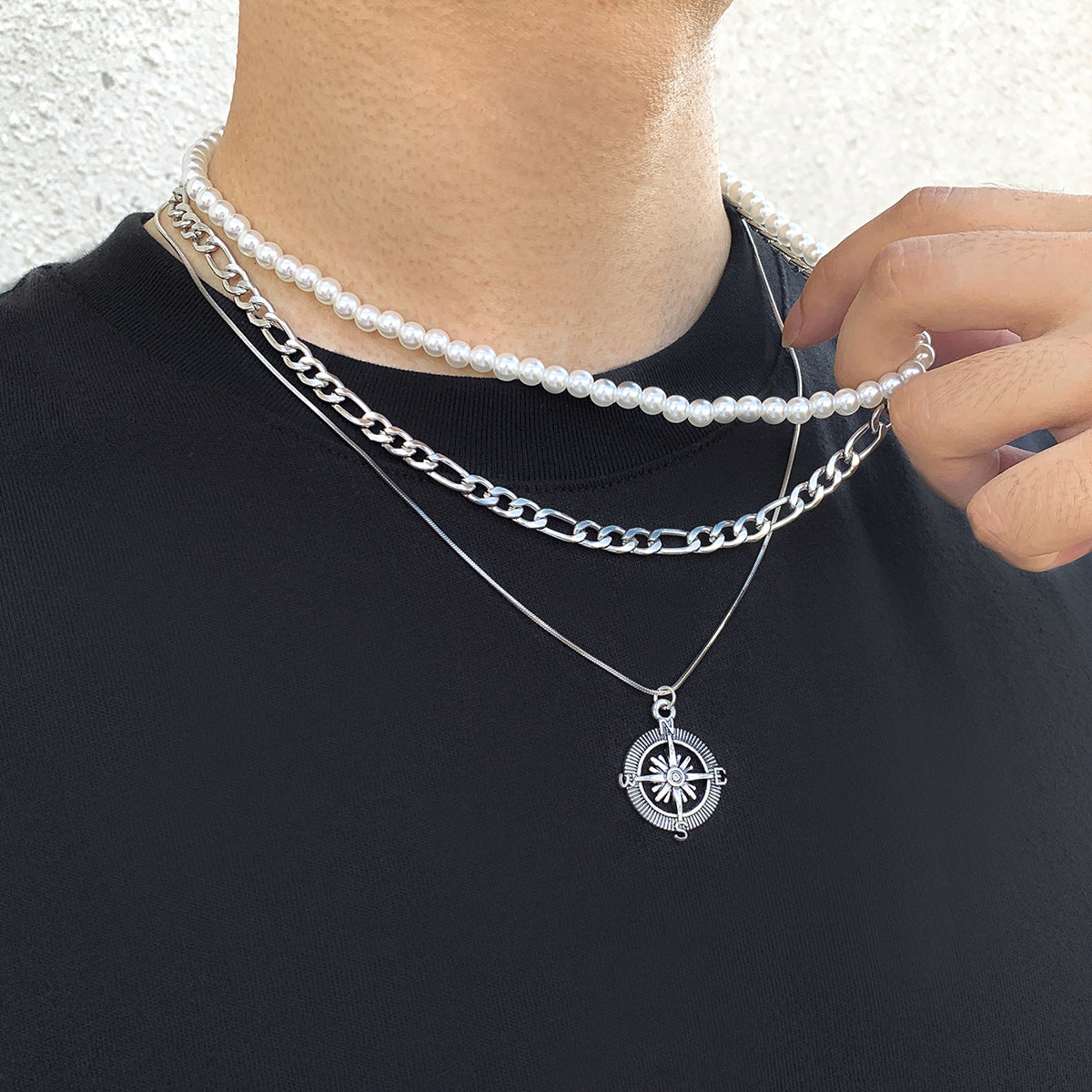 Mens Fashionable And Versatile Multi-layered Stacked Vintage Compass Pendant Necklace