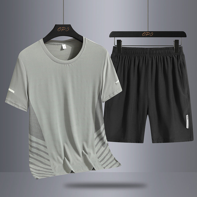 Summer Middle-aged And Elderly Men's Suit Ice Silk Quick-drying Thin Round Neck T-shirt Loose Short Sleeve Shorts Sports Two-piece Set