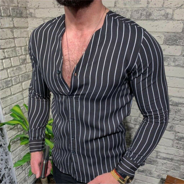 Mens Striped Long Sleeve V Neck Business Shirt Yellow
