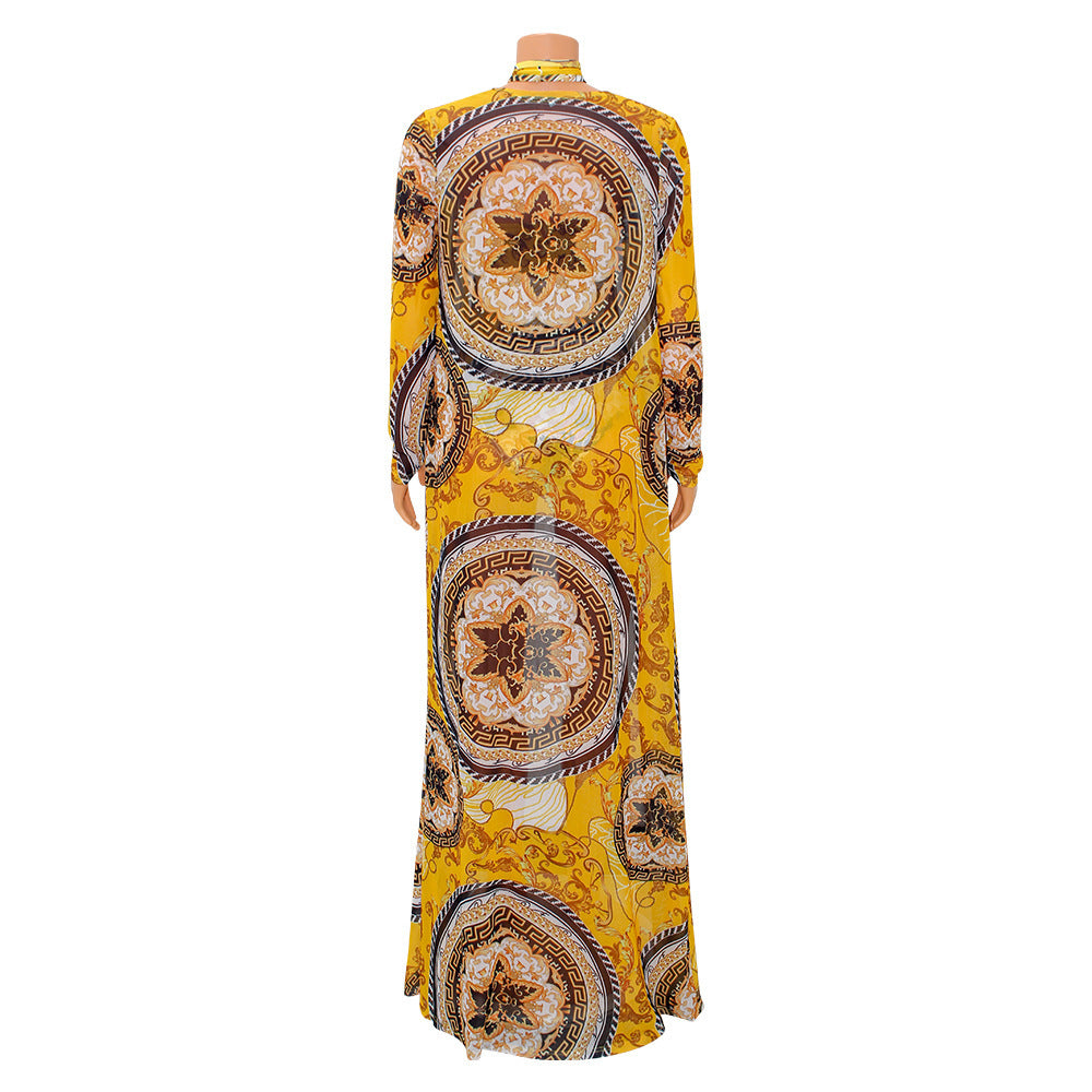 European And American Fashion Sexy Print Long Sleeve Shawl Swimsuit Two-piece