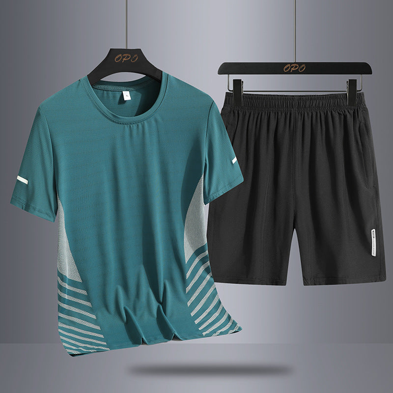 Summer Middle-aged And Elderly Men's Suit Ice Silk Quick-drying Thin Round Neck T-shirt Loose Short Sleeve Shorts Sports Two-piece Set