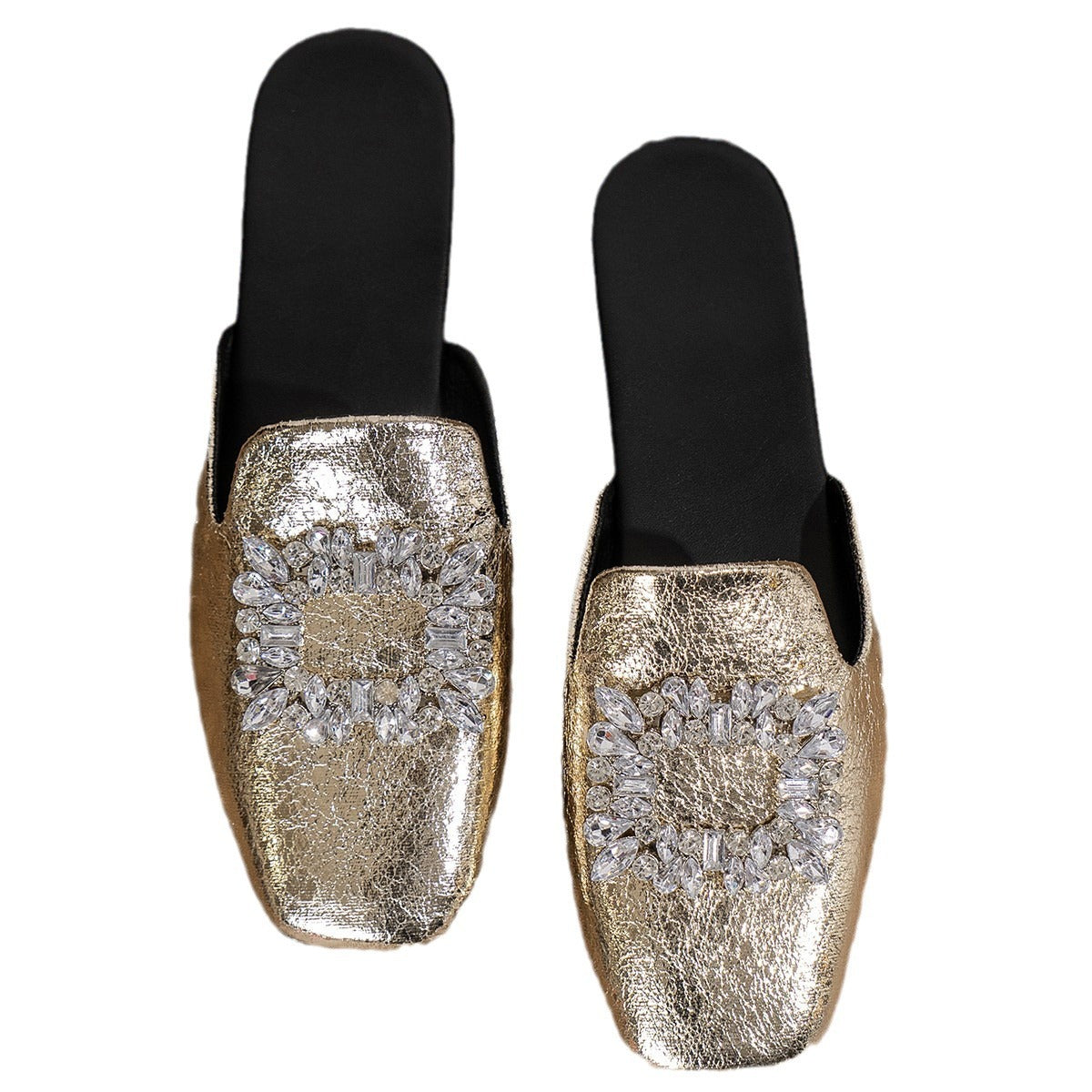 With Skirt Flat Heel Silver Square Toe Rhinestone Semi Slippers