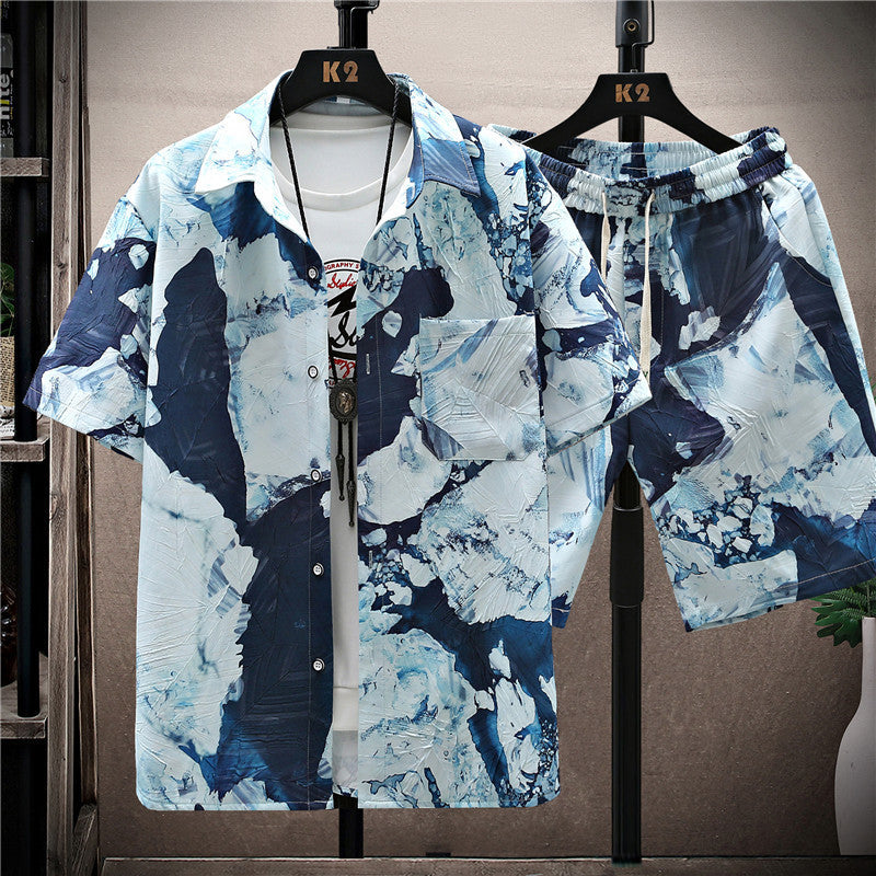 Fashion Men's Short Sleeve Printed Shirt Suit
