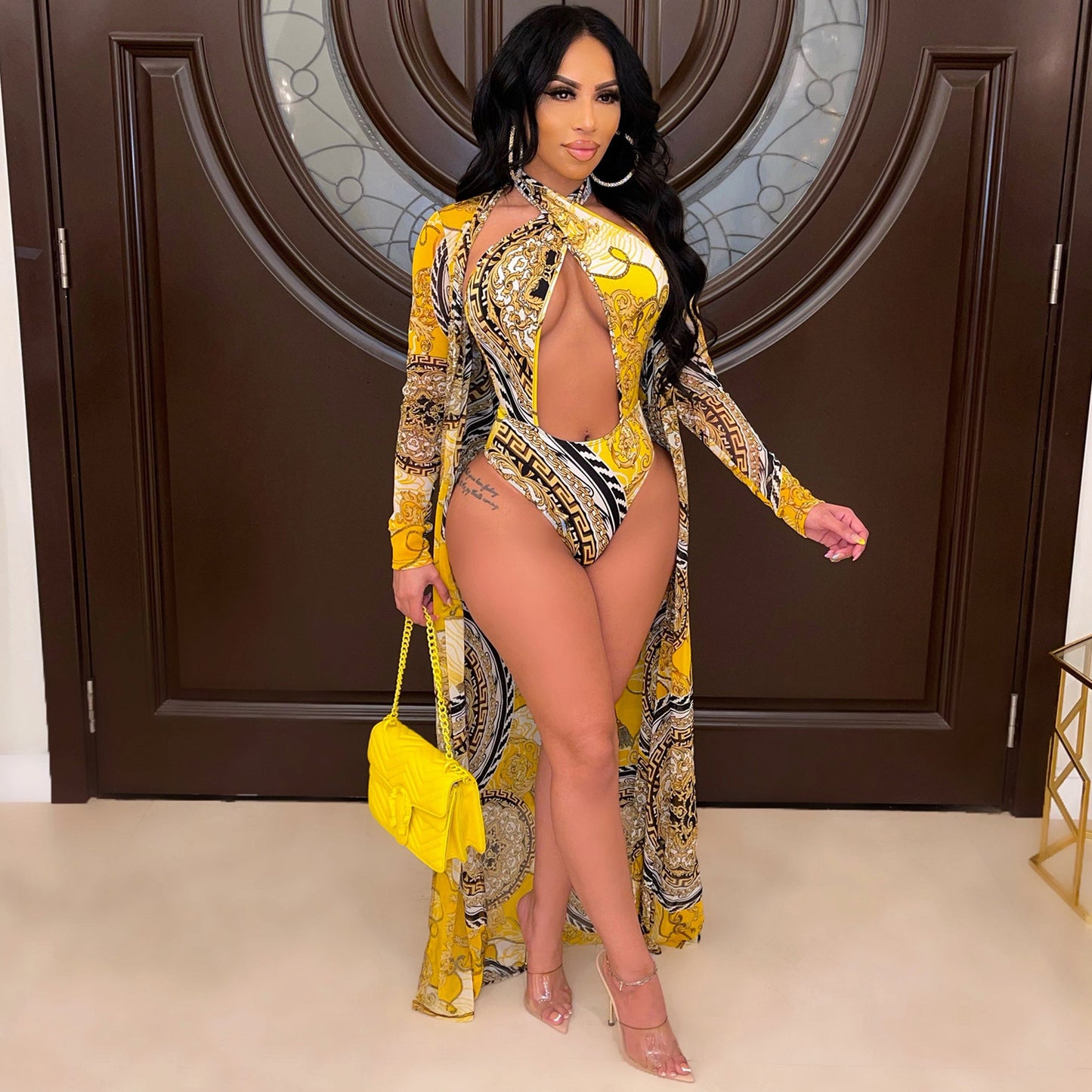 European And American Fashion Sexy Print Long Sleeve Shawl Swimsuit Two-piece