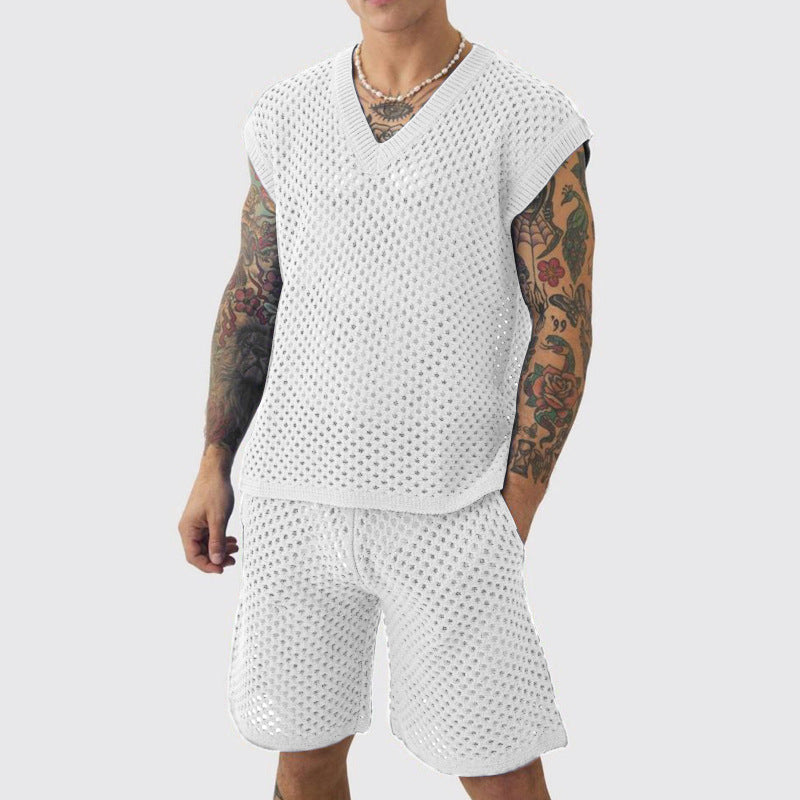 Men's V-neck Knitted Vest Shorts Suit