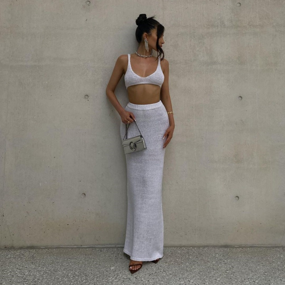 New Style Knitted Fashionable Womens Strappy Tube Top And Solid-Colored Sheath Maxi Dress Two-Piece Set
