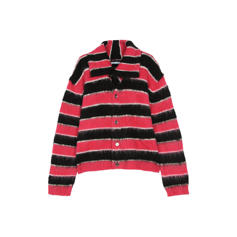 Mens Loose Fitting Clashing Striped Lapel Mohair Knitted Jumper