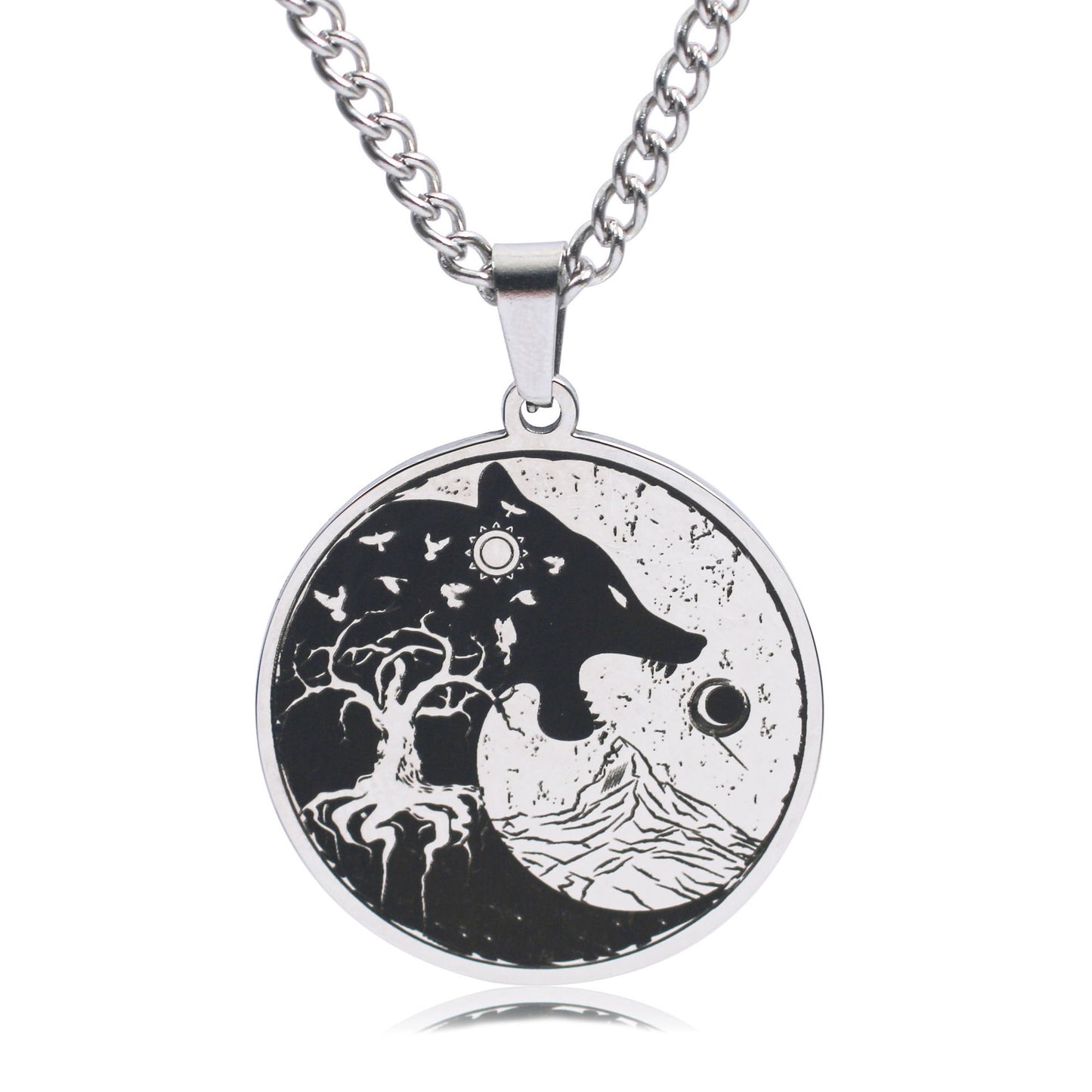 Mens Vintage Wolf Head Tree Of Life Pendant Necklace
