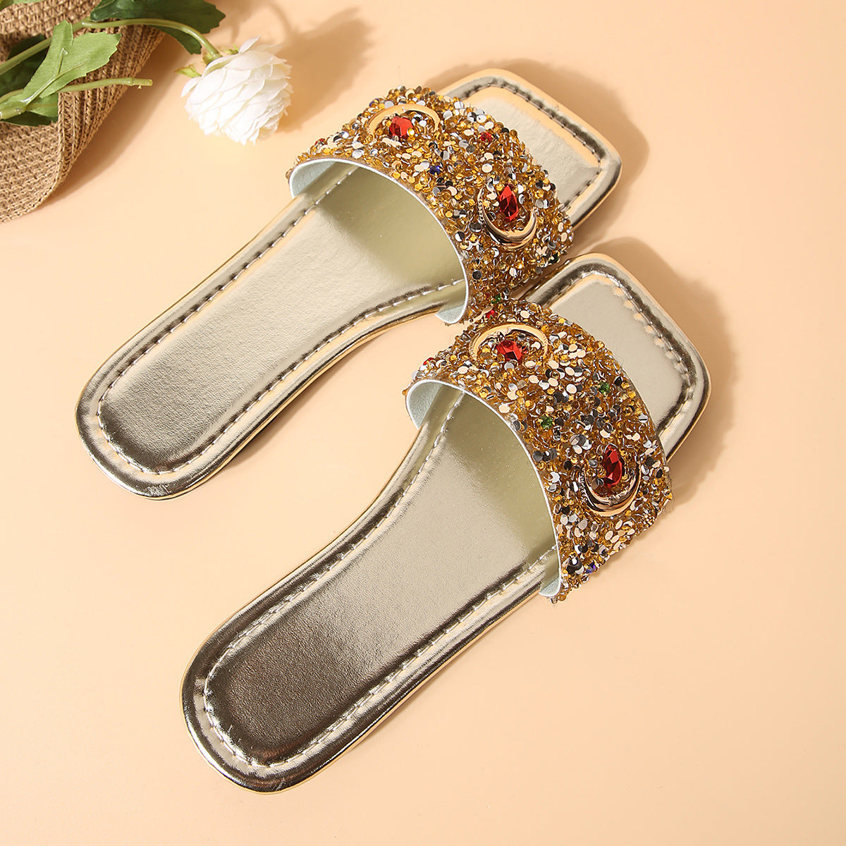 Women's Slippers Fashion Rhinestone Sequins Flat One-word Casual Cool