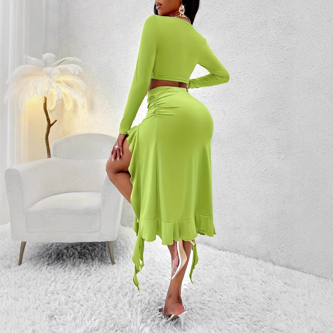 Solid-color Crewneck Long-sleeve Top And Ruffled Hem Midi Skirt Set