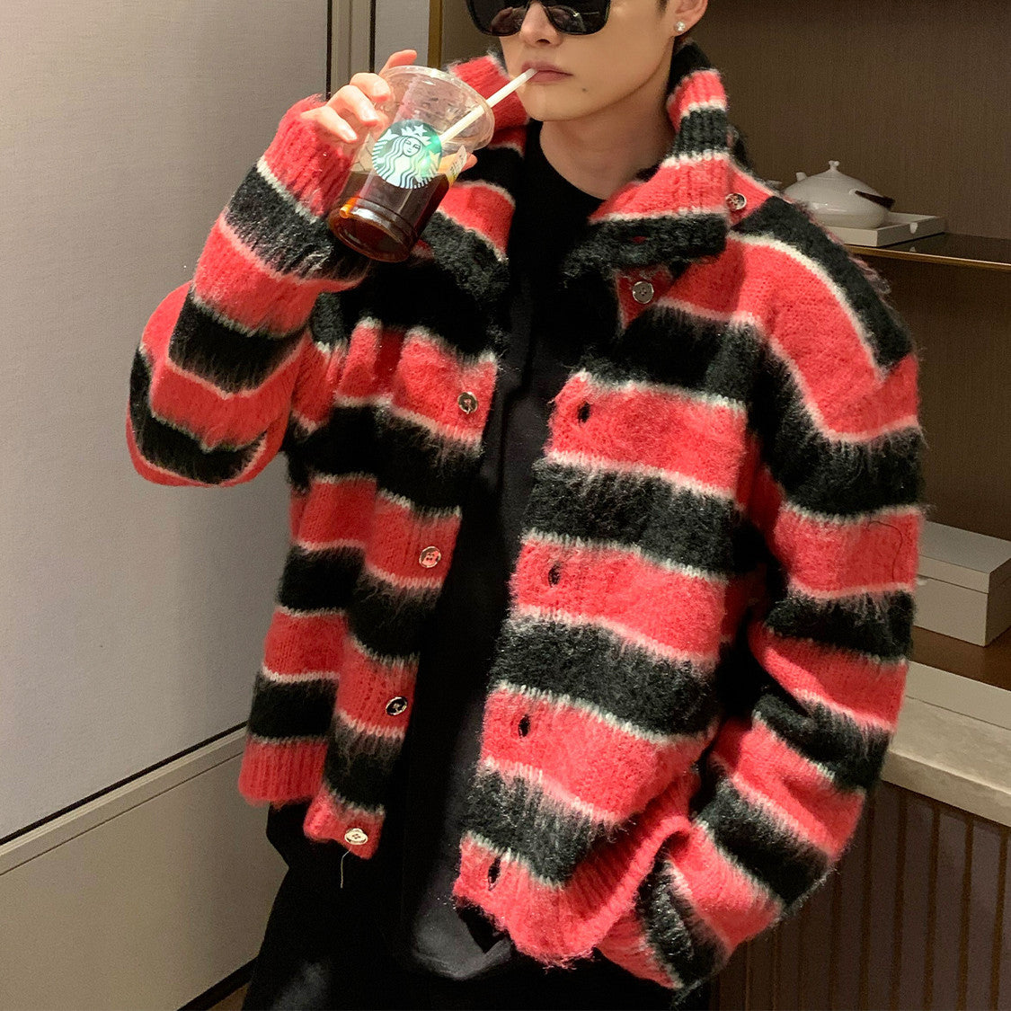 Mens Loose Fitting Clashing Striped Lapel Mohair Knitted Jumper