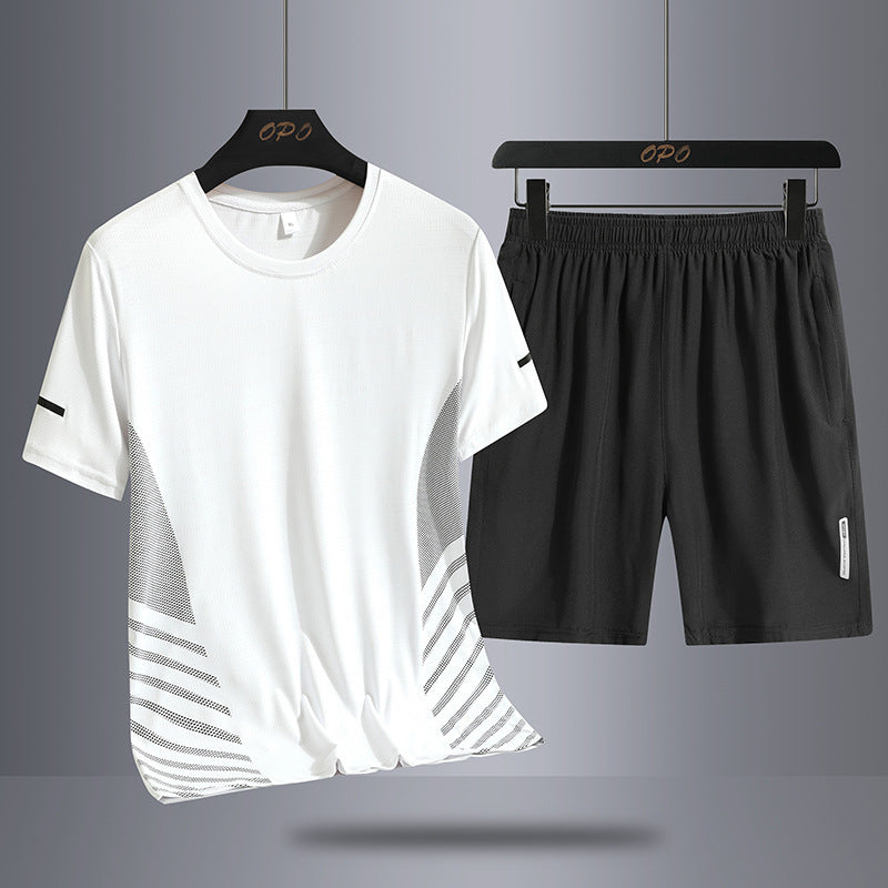 Summer Middle-aged And Elderly Men's Suit Ice Silk Quick-drying Thin Round Neck T-shirt Loose Short Sleeve Shorts Sports Two-piece Set