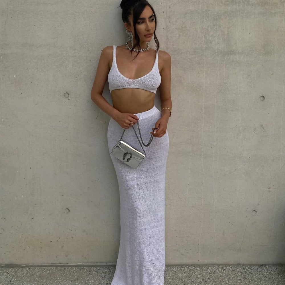 New Style Knitted Fashionable Womens Strappy Tube Top And Solid-Colored Sheath Maxi Dress Two-Piece Set