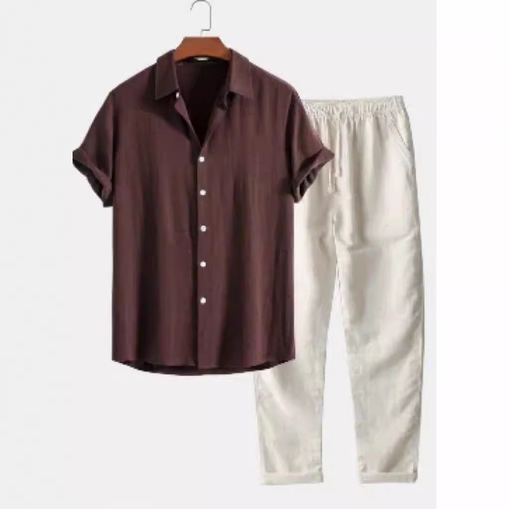 Casual Loose Multi-color Beachwear Cotton And Linen Short Sleeve Suit