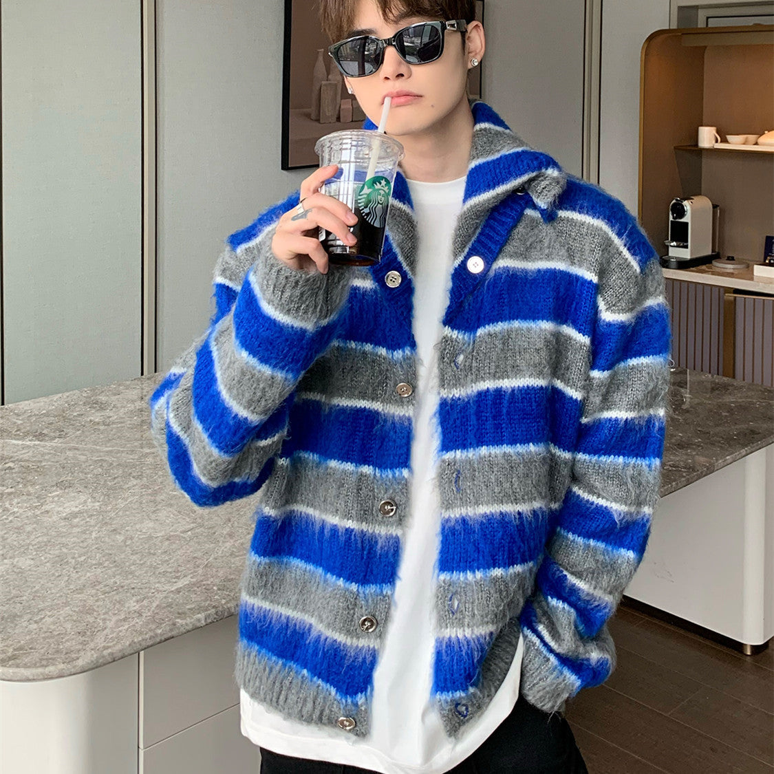 Mens Loose Fitting Clashing Striped Lapel Mohair Knitted Jumper