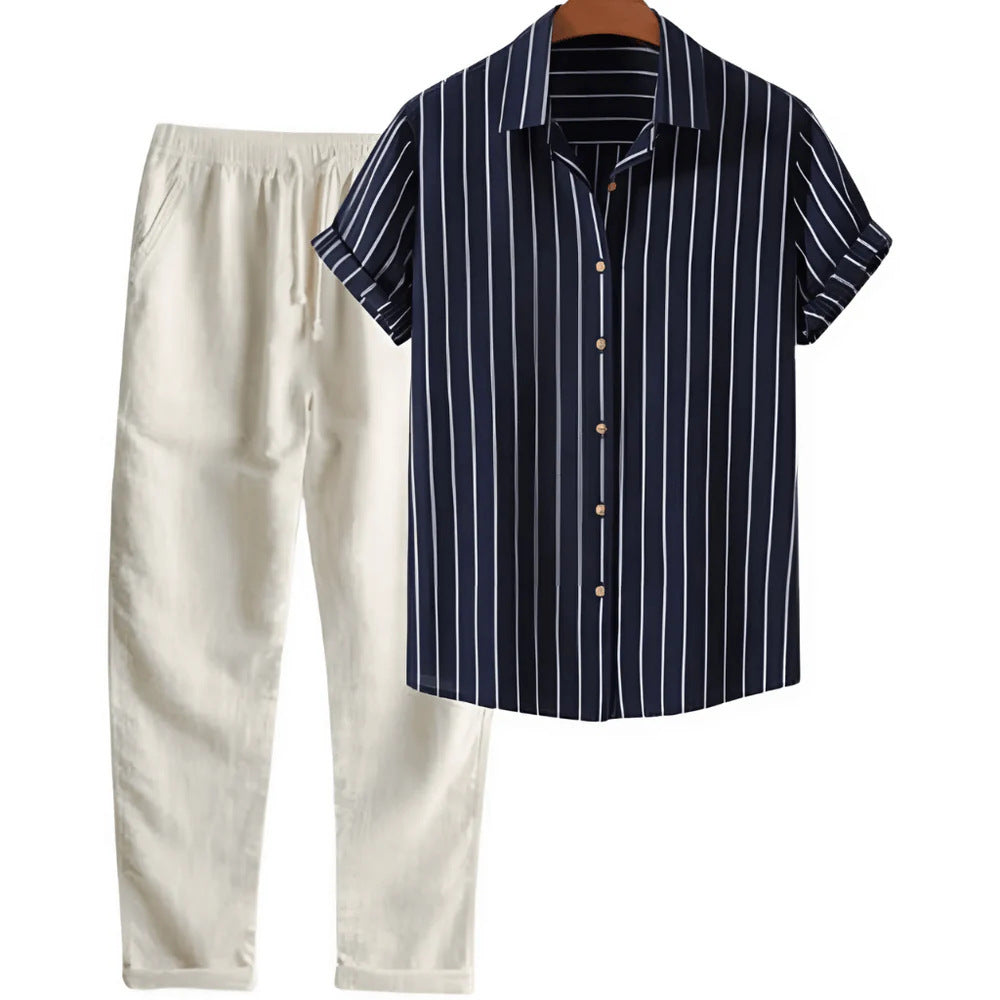 Printed Loose Short Sleeve Shirt Trousers Suit Men's Casual Suit