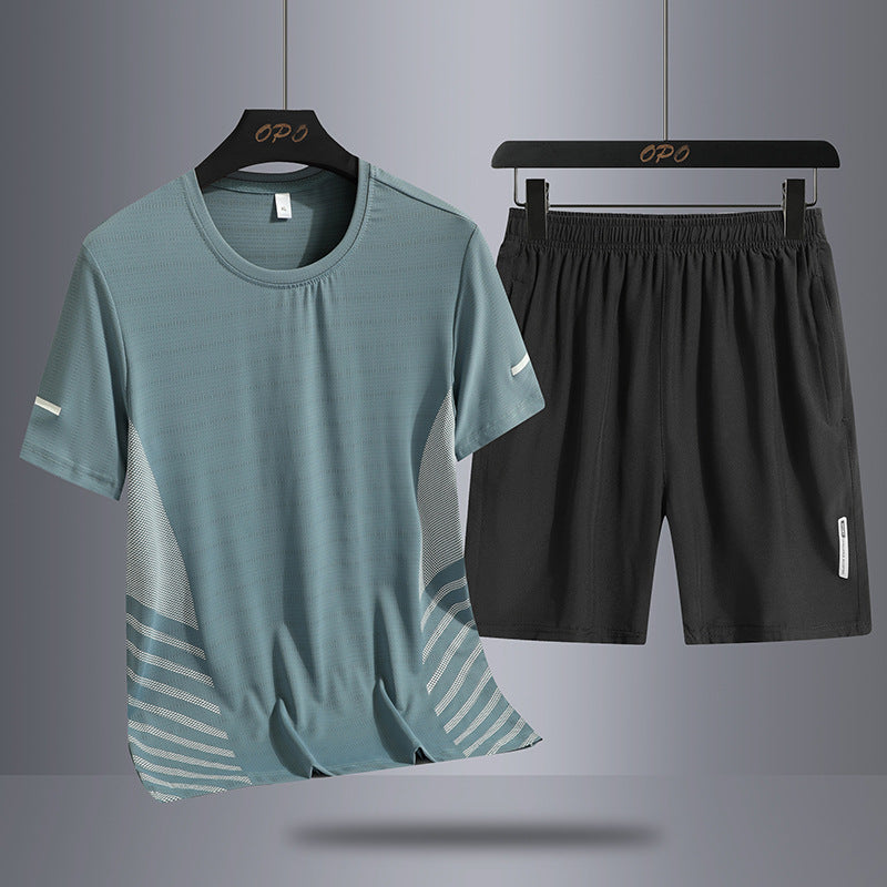 Summer Middle-aged And Elderly Men's Suit Ice Silk Quick-drying Thin Round Neck T-shirt Loose Short Sleeve Shorts Sports Two-piece Set