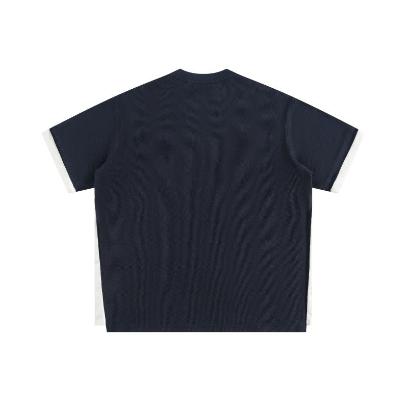 Retro Alphabet Embroidered Fake Two-piece Loose Waffle Short-sleeved T-shirt