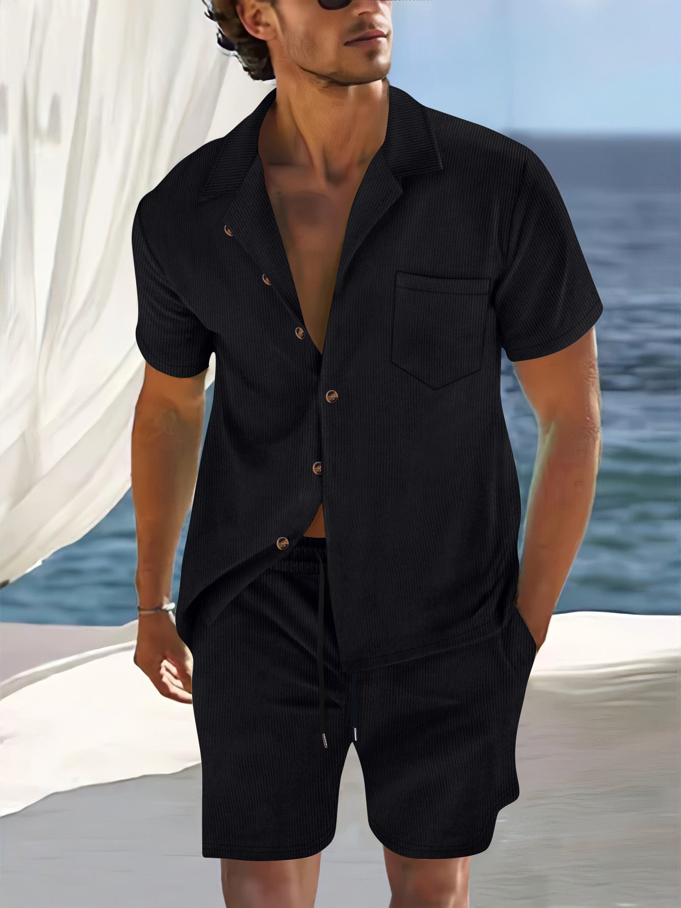 Men's Europe And America Cross Border Polyester Short Sleeve Cuban Collar Shirt Summer Suit