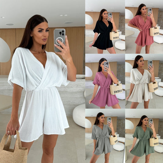 Summer V-neck Fashion Casual Waist Tight Solid Color Jumpsuit For Women