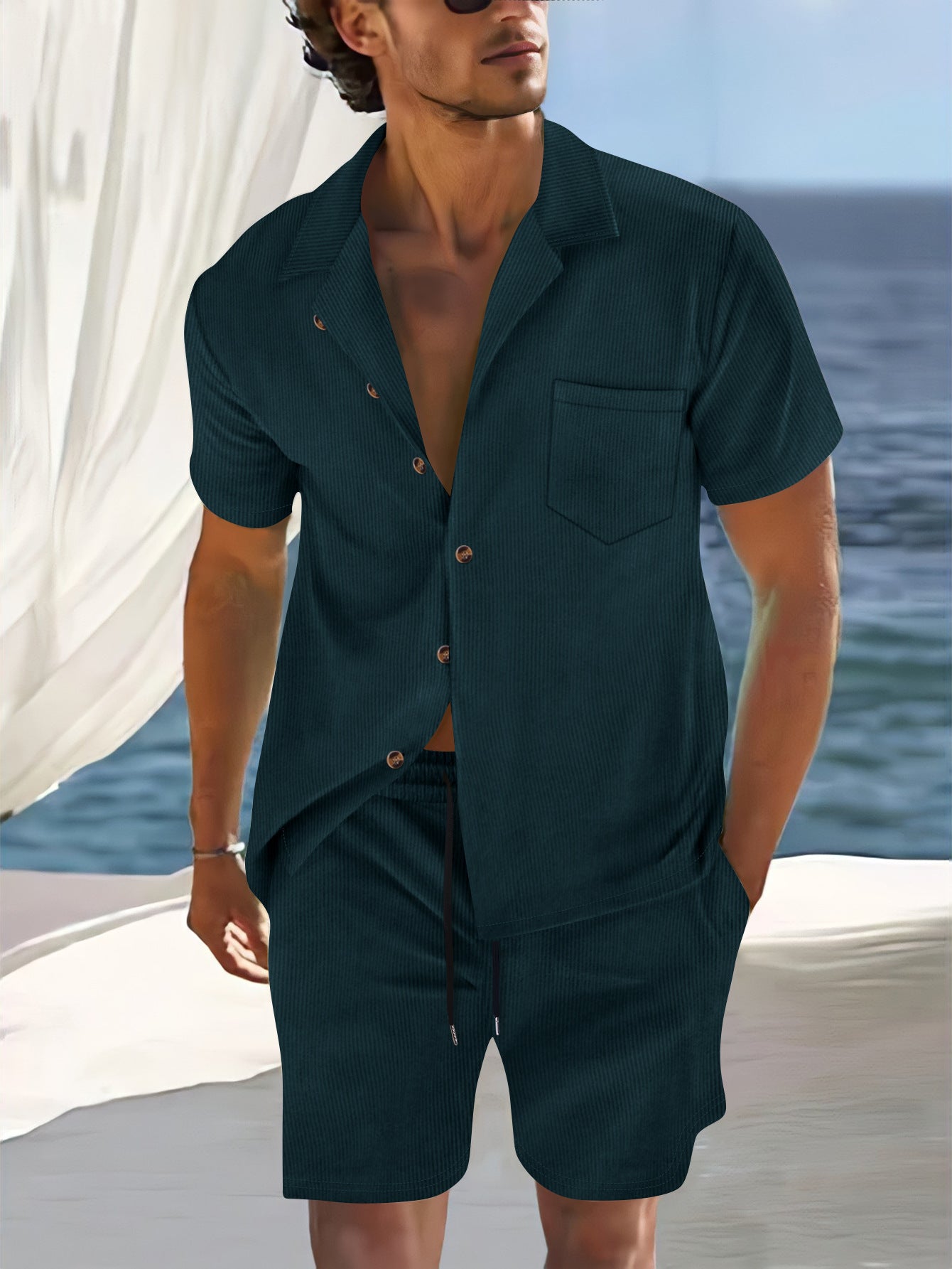 Men's Europe And America Cross Border Polyester Short Sleeve Cuban Collar Shirt Summer Suit
