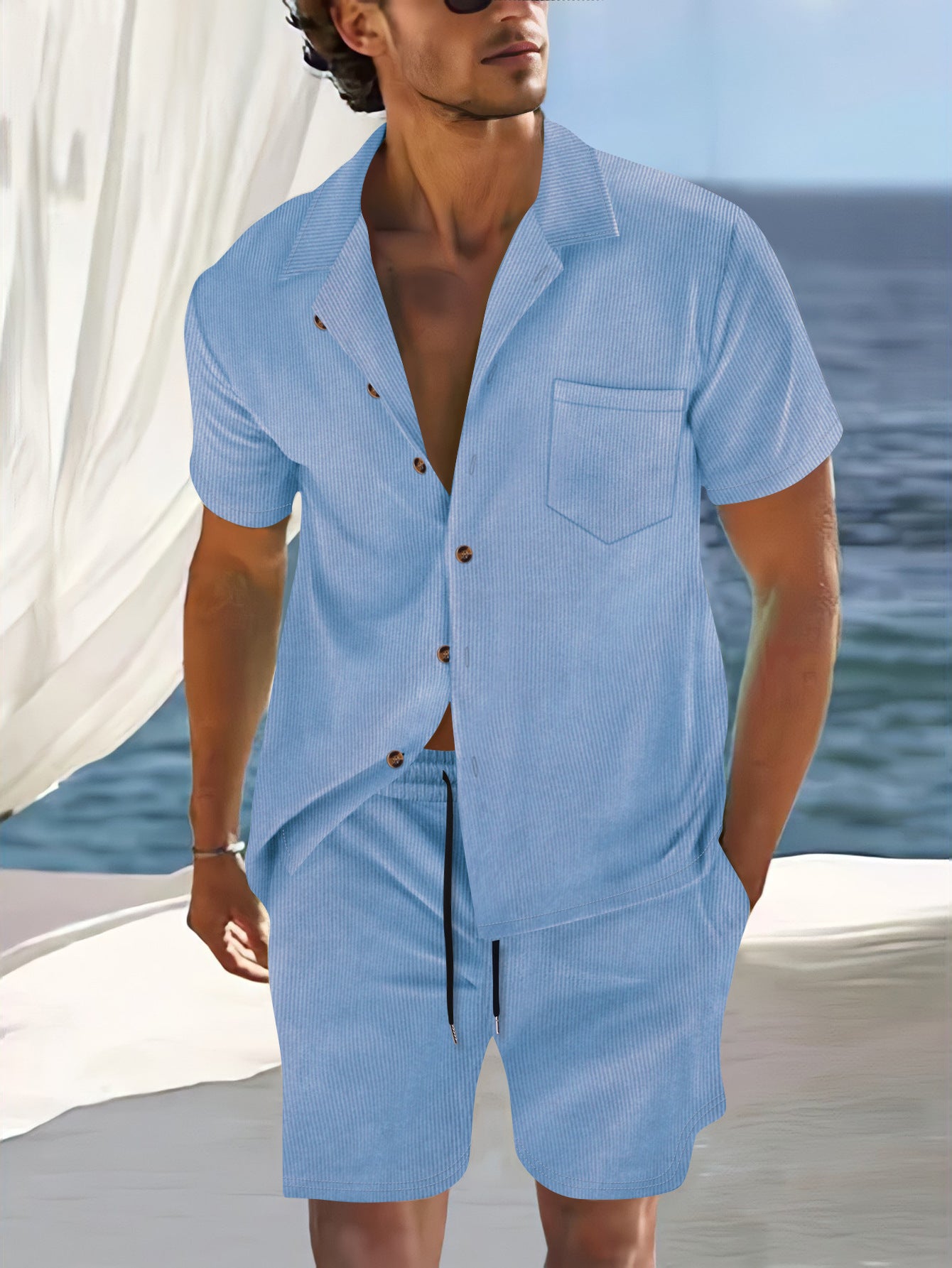 Men's Europe And America Cross Border Polyester Short Sleeve Cuban Collar Shirt Summer Suit