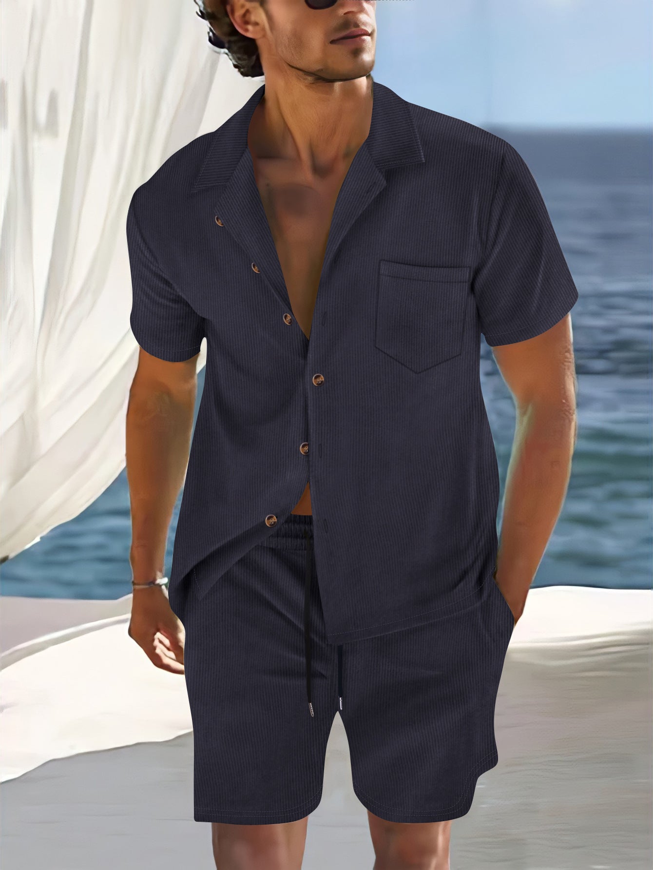 Men's Europe And America Cross Border Polyester Short Sleeve Cuban Collar Shirt Summer Suit