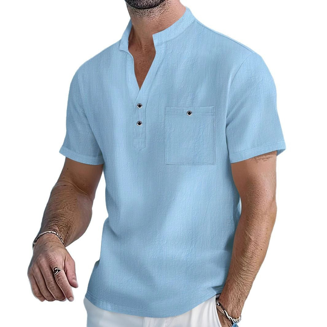 Stand Collar T-shirt Linen Short Sleeve Shirt Men