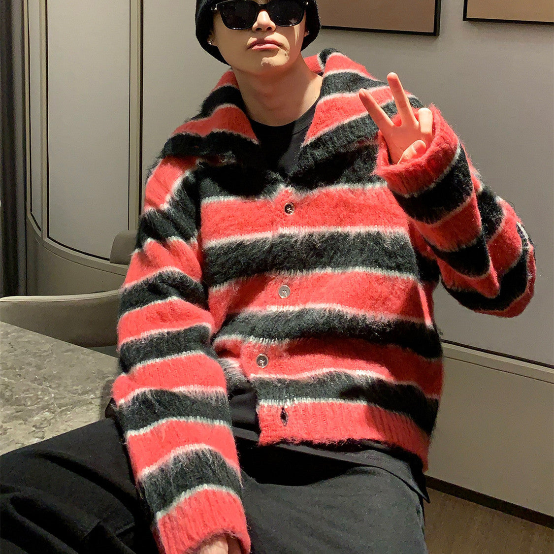 Mens Loose Fitting Clashing Striped Lapel Mohair Knitted Jumper