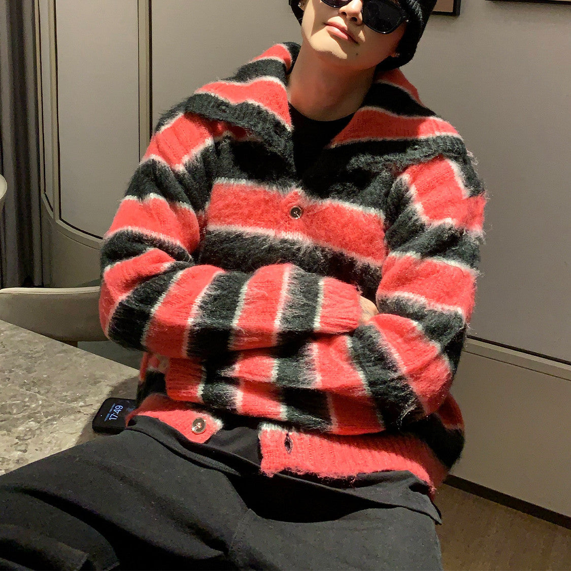 Mens Loose Fitting Clashing Striped Lapel Mohair Knitted Jumper