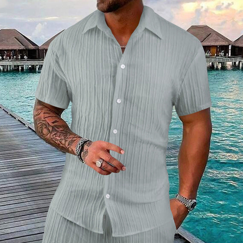Polo Collar Solid Color Short Sleeve Button Men's Casual Loose Short Sleeves Shirt