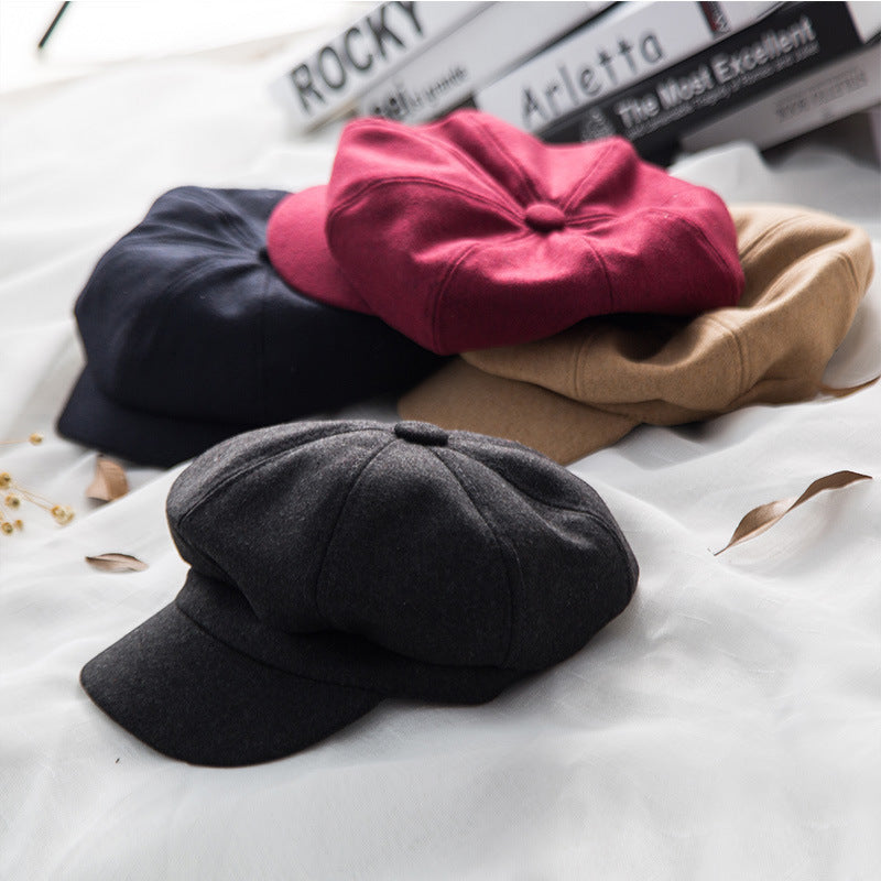 Woolen Beret Casual Versatile Octagonal Hat