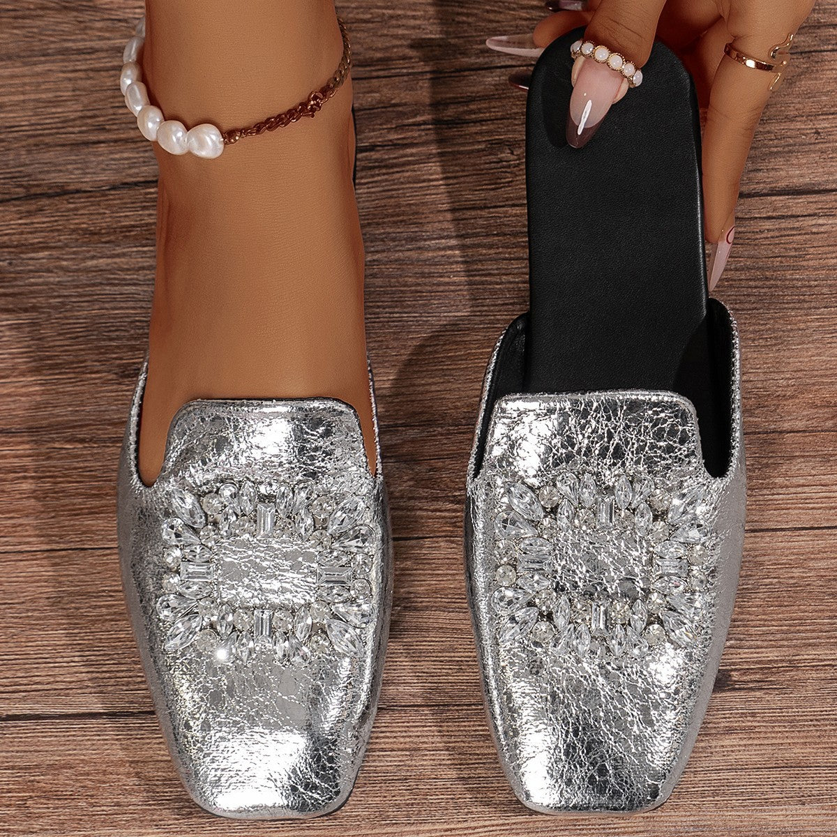 With Skirt Flat Heel Silver Square Toe Rhinestone Semi Slippers