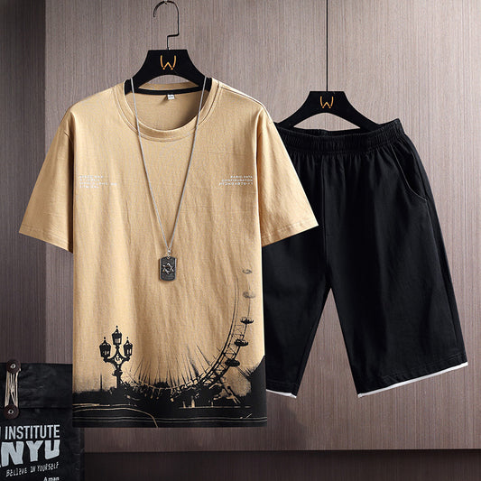 New Cotton Men's Casual Sports Loose Shorts Round Neck T-shirt Suit