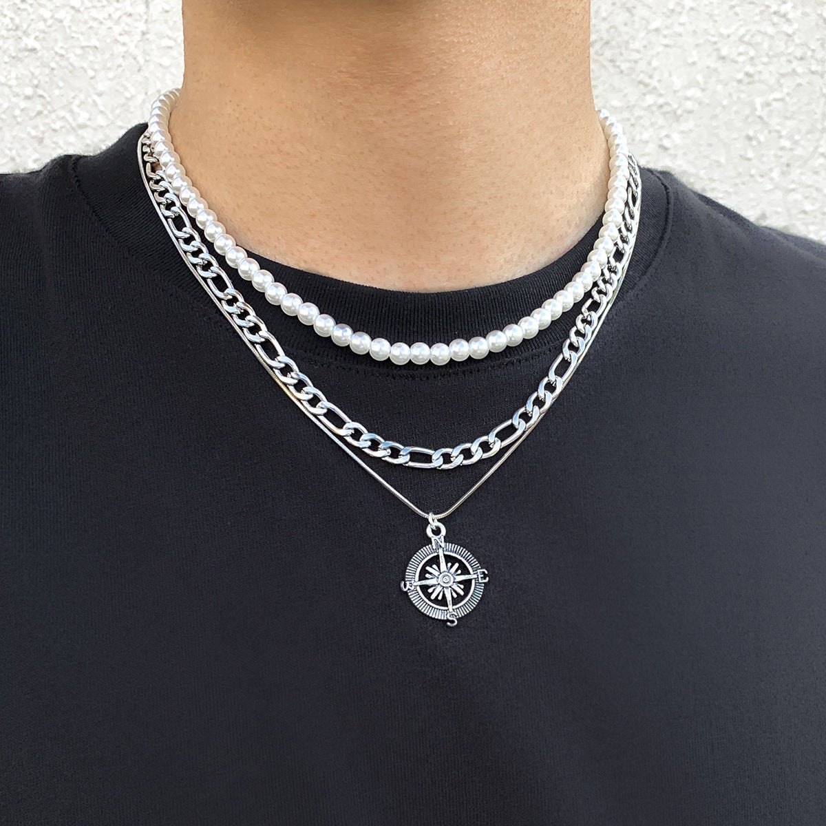 Mens Fashionable And Versatile Multi-layered Stacked Vintage Compass Pendant Necklace