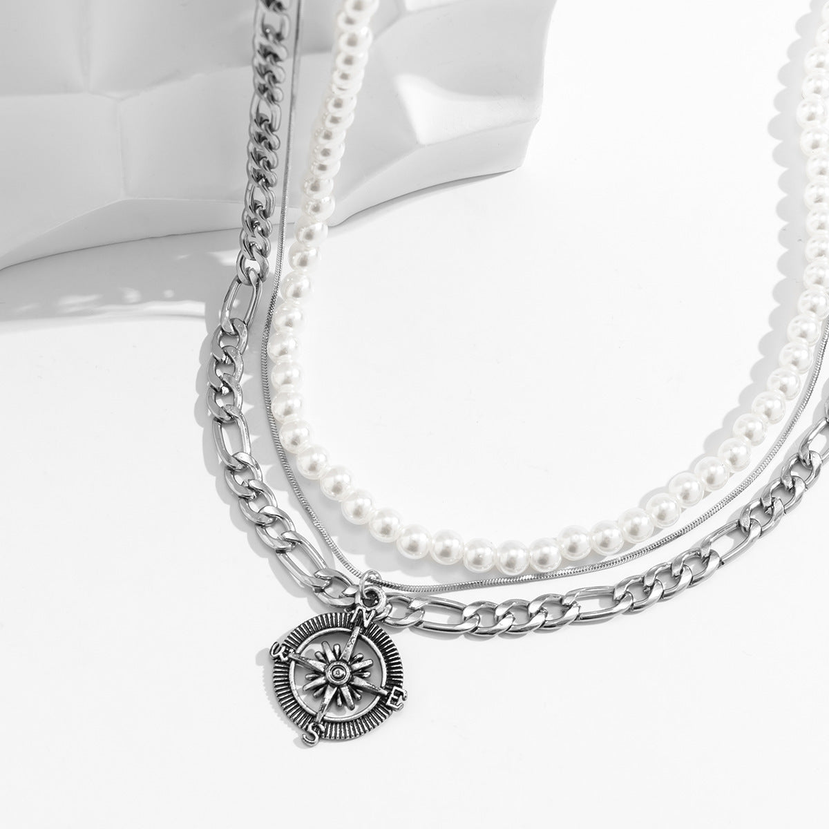 Mens Fashionable And Versatile Multi-layered Stacked Vintage Compass Pendant Necklace
