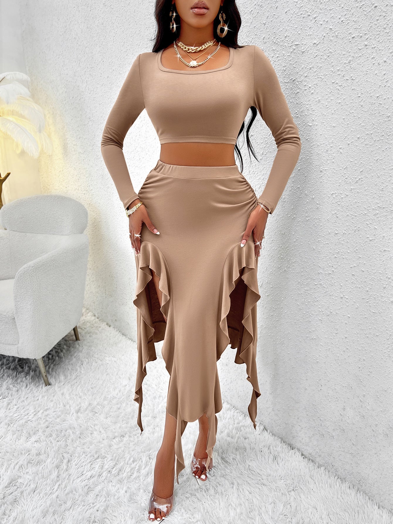 Solid-color Crewneck Long-sleeve Top And Ruffled Hem Midi Skirt Set