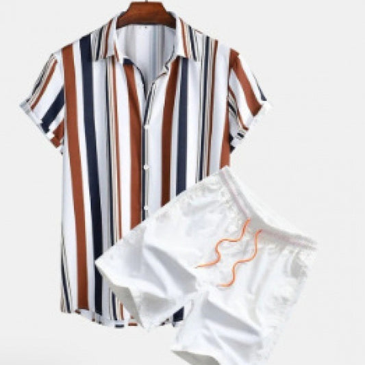 Men's Cardigan Casual Suit Digital Printing Short Sleeve Shorts Suit