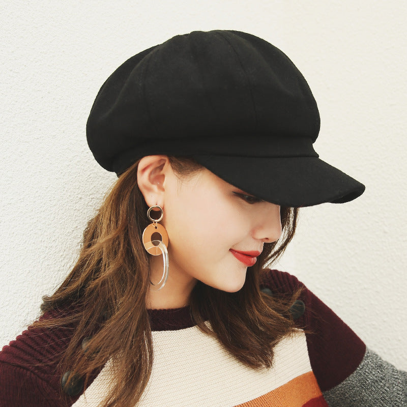 Woolen Beret Casual Versatile Octagonal Hat