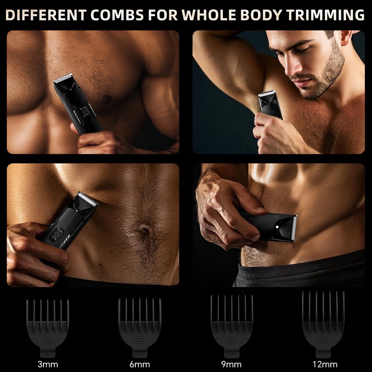 Groin - Body Trimmer Kit- Waterproof Electric Body Hair Grooming Tool With LED Spotlight  Adjustable 3-12mm Guide Combs  Ceramic Blades-Rechargeable Battery For Men S Full Body Trimming