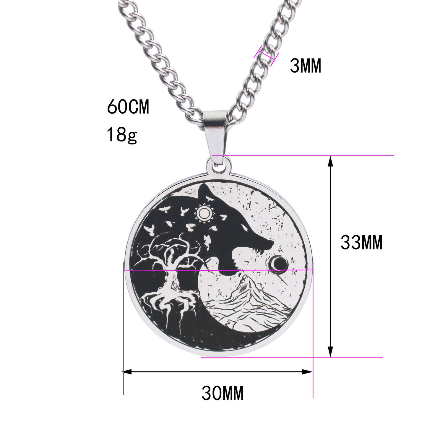 Mens Vintage Wolf Head Tree Of Life Pendant Necklace